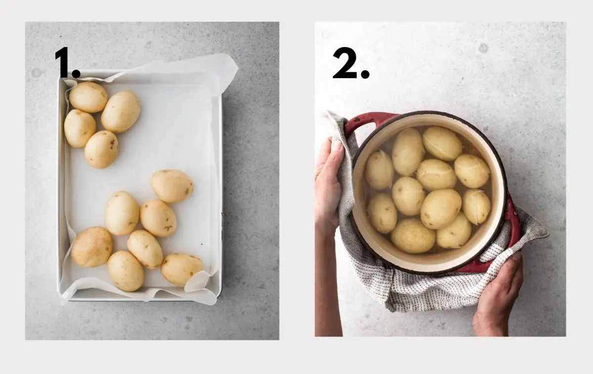 Two images with washed potatoes and potatoes in a pot.