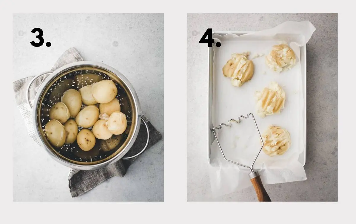 Two images with potatoes in a colander drying and being smashed.