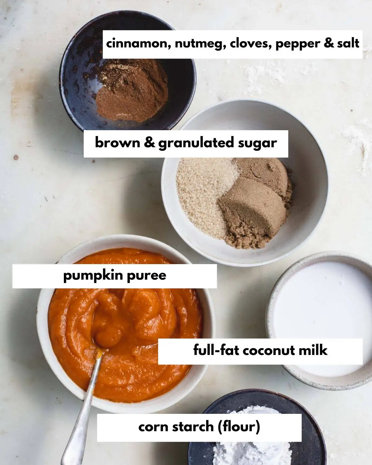 Labeled bowls of pumpkin pie ingredients.