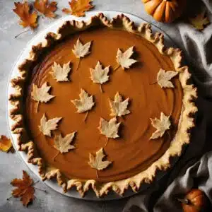 A pumpkin pie with maple leaf decorations.