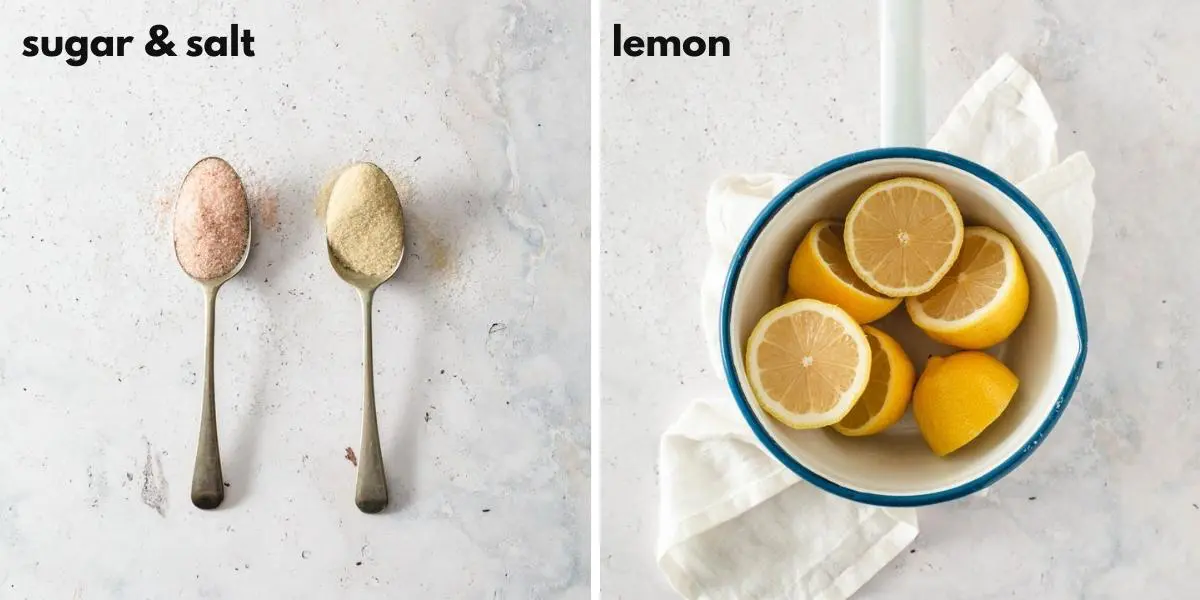 Two side by side images of salt, sugar and lemons.
