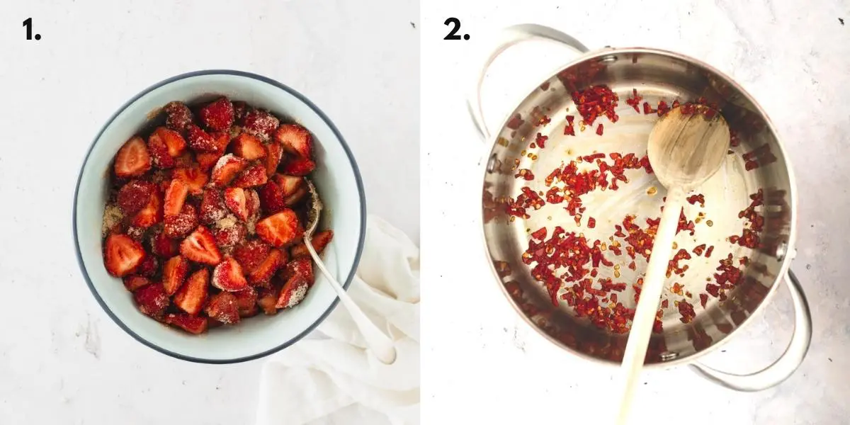 Two images of showing strawberry jam being made.