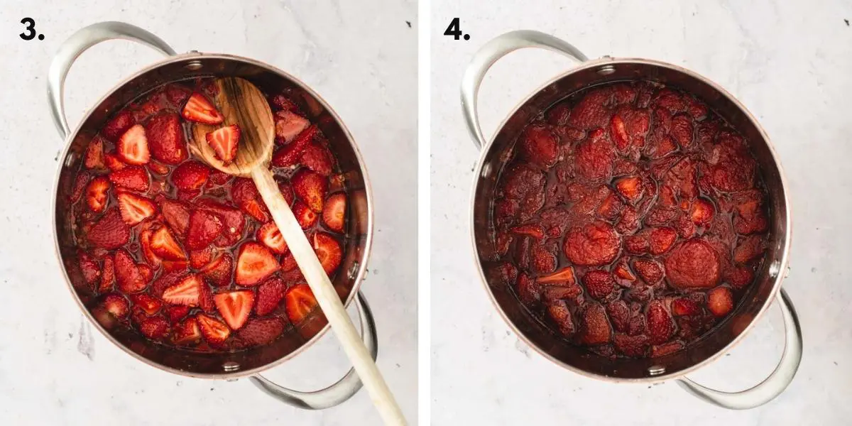 Two images showing jam cooking in a pot at different cooking stages.