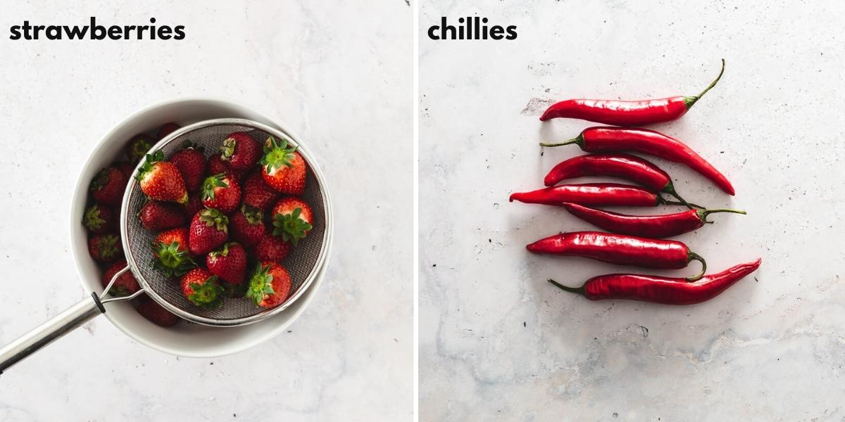 Side by side images of strawberries and chilli to make jam.