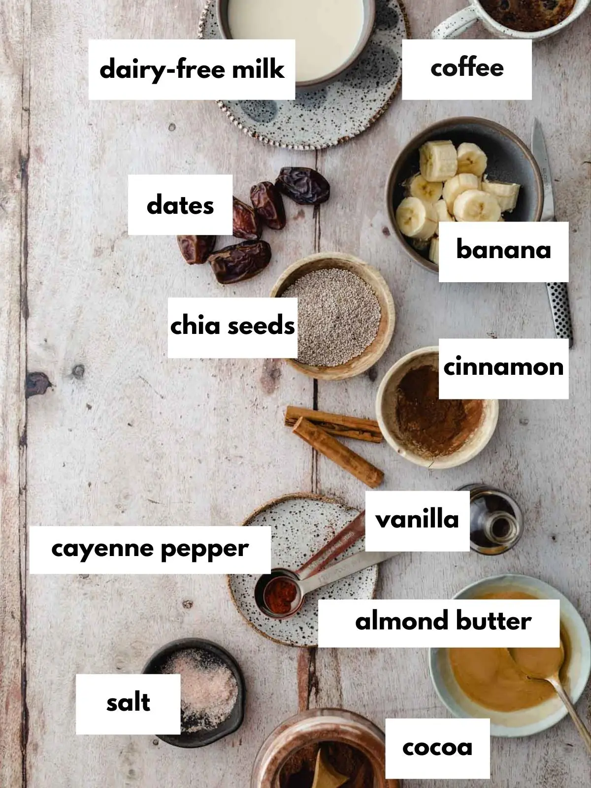 Chocolate chia pudding ingredients laid out on a table.