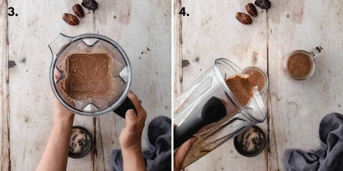 Two images of chia pudding in a blender before and after the chia seeds are added.