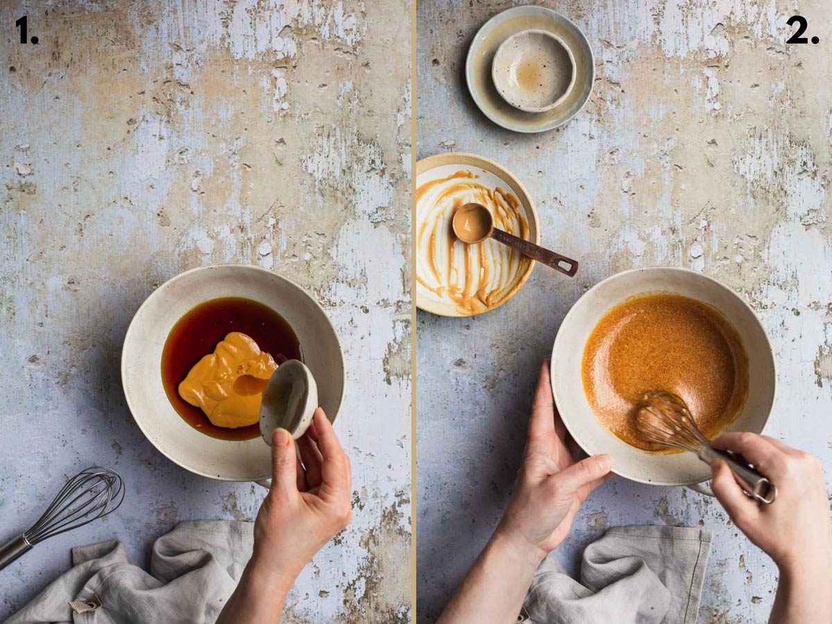 Two food images showing caramel sauce before and after whisking in a bowl.