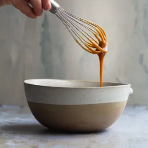 Caramel sauce dripping from a whisk in to a bowl.