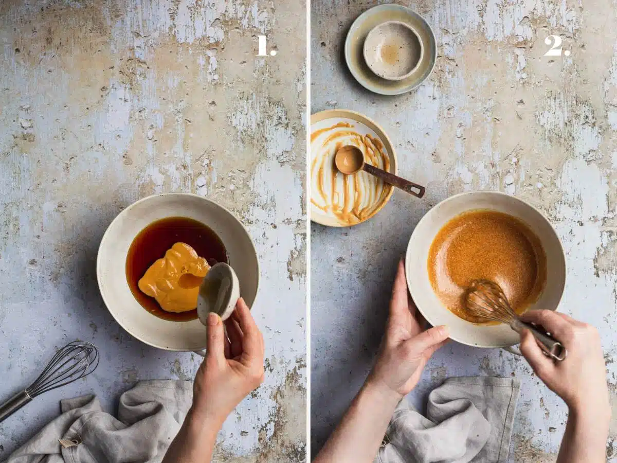 Two food images showing caramel sauce before and after whisking in a bowl.