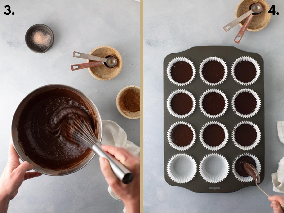 Dos imágenes de alimentos con la masa de la tarta de chocolate en un cuenco y echada con una cuchara en una bandeja de horno.