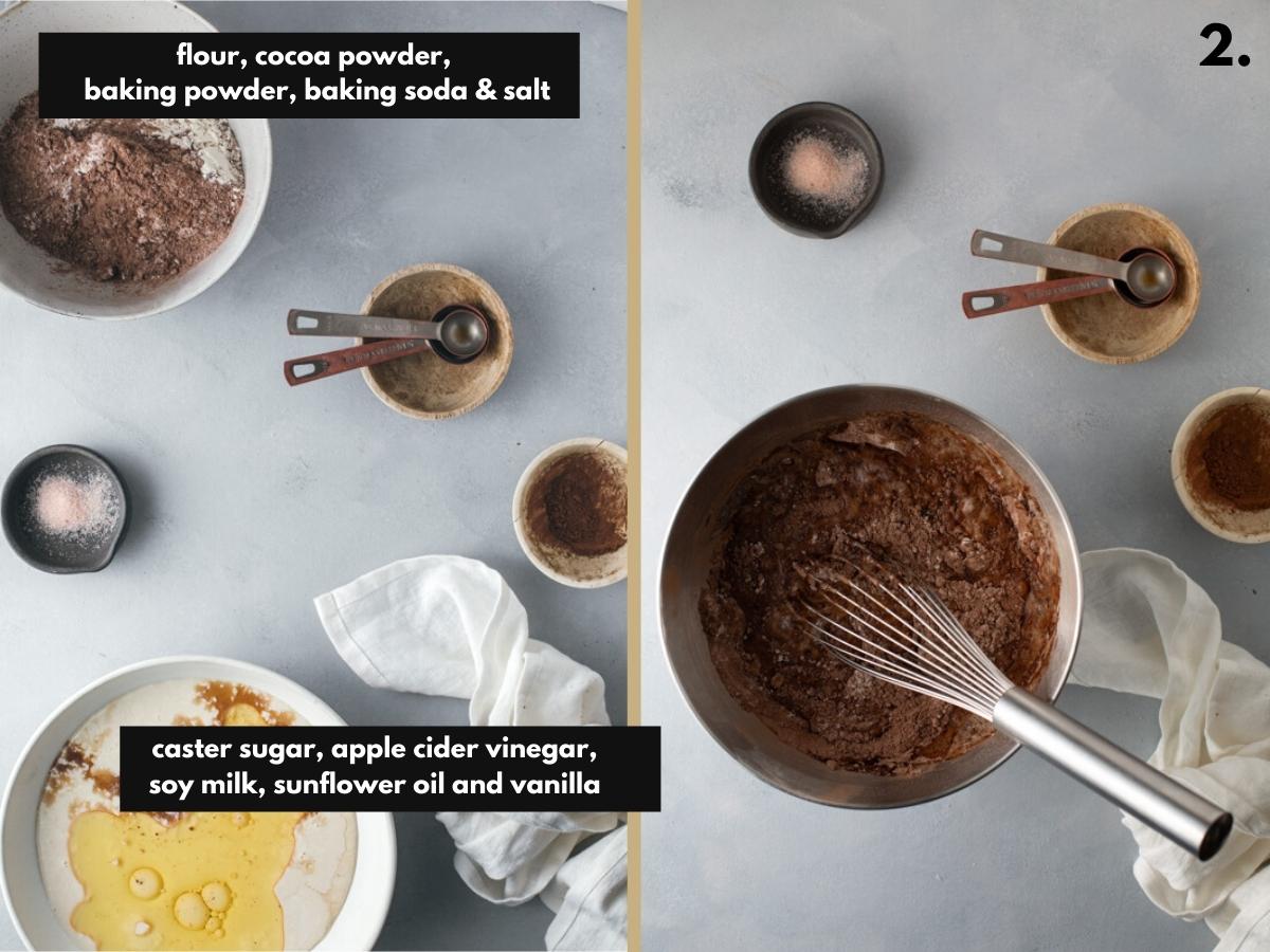 Two food images with cupcake labelled ingredients on a table and mixed in a bowl. 