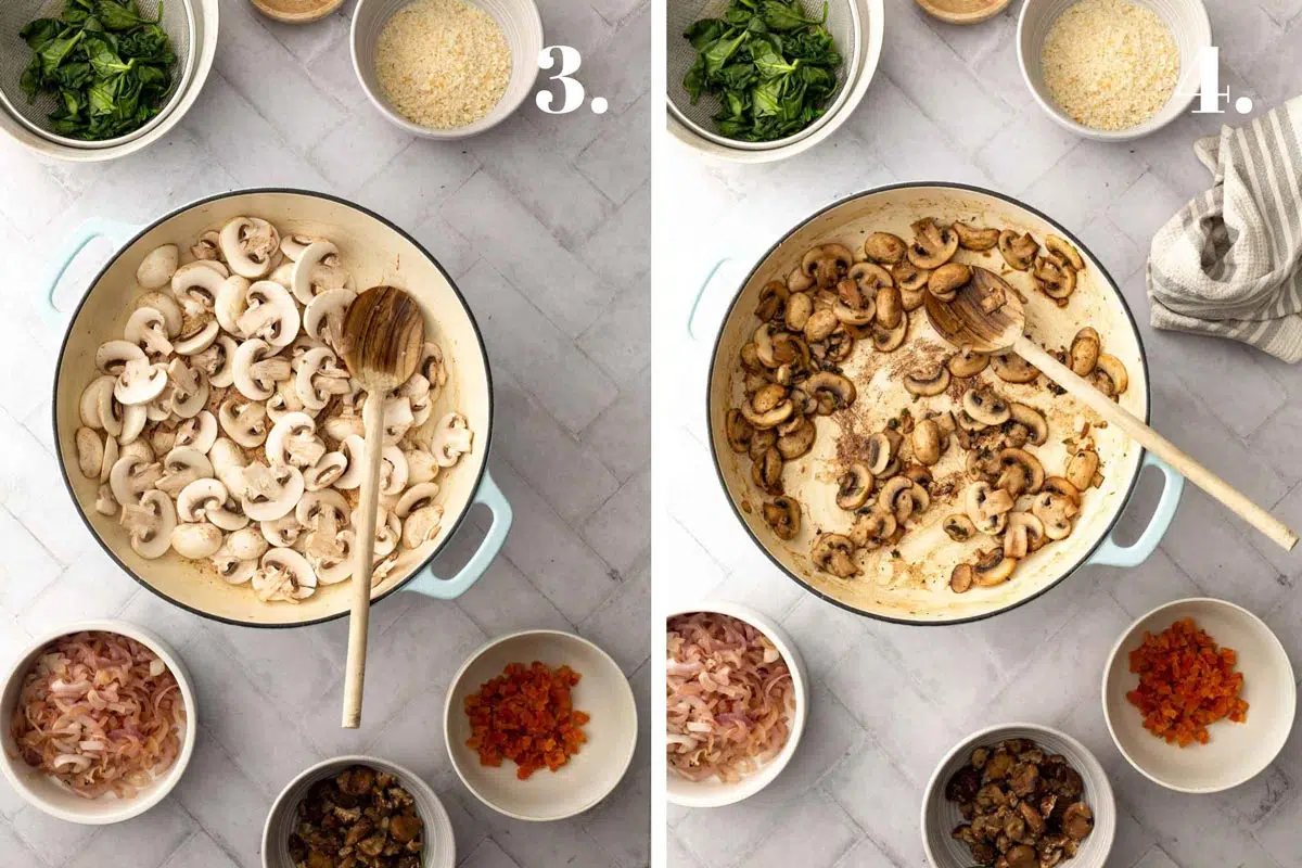 Two food images with mushrooms before and after being cooked in pan.