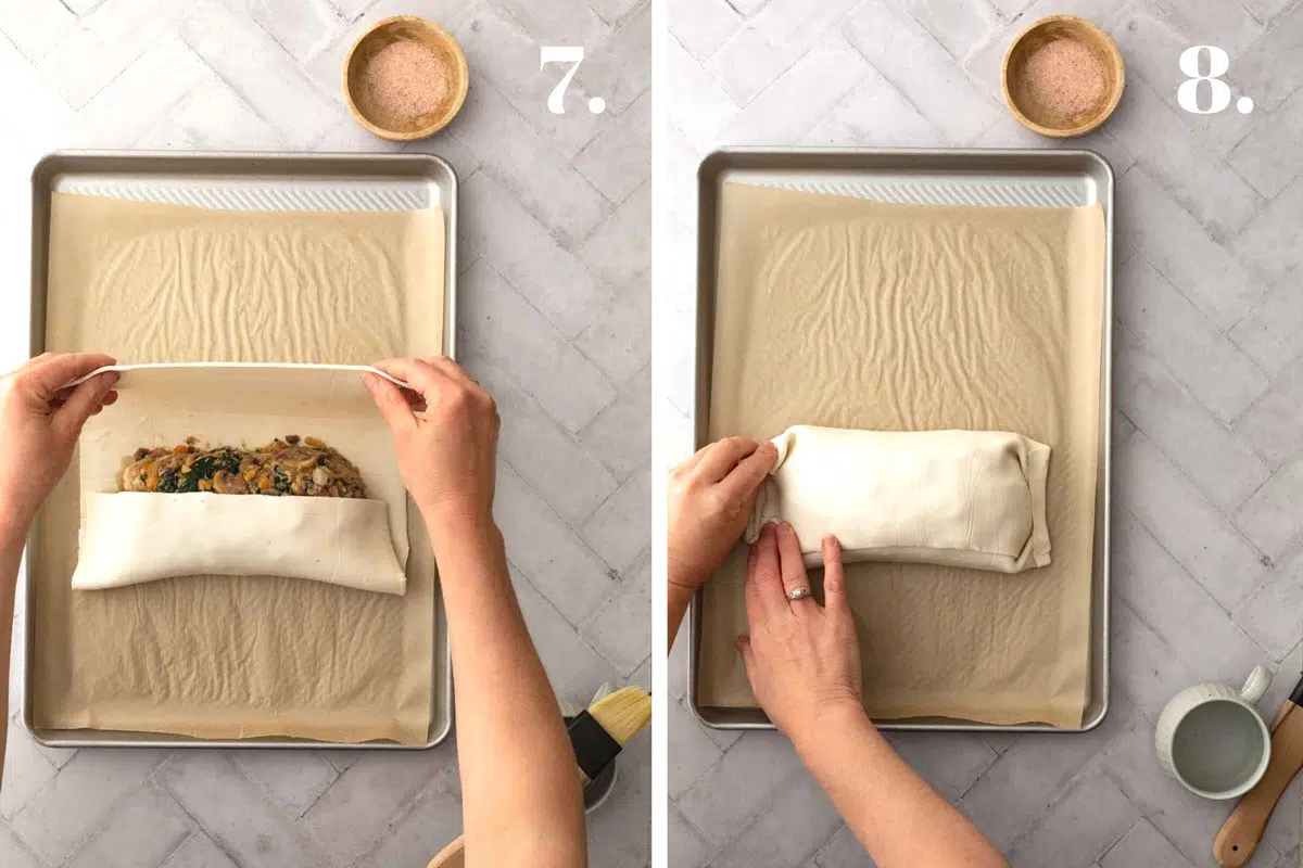 Two food images showing how to roll filling in pastry.
