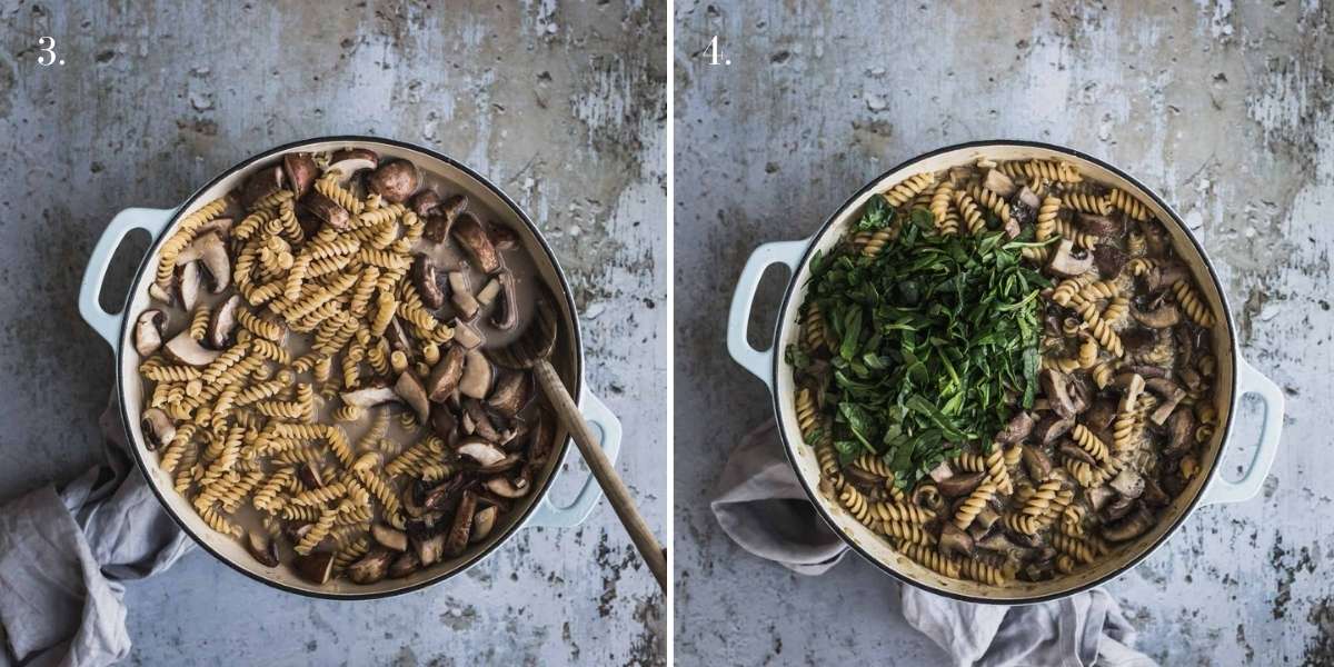 Two food images showing pasta and spinach added to a pan. 