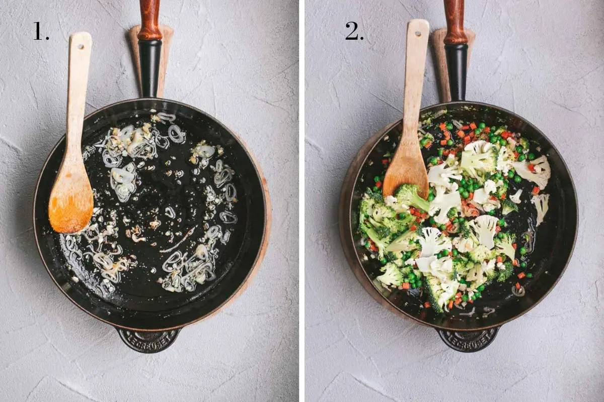 Two food images showing vegetables frying in a pan.
