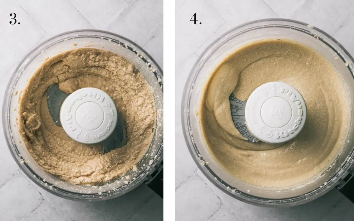 Two food images showing cashew butter being made in a processor.