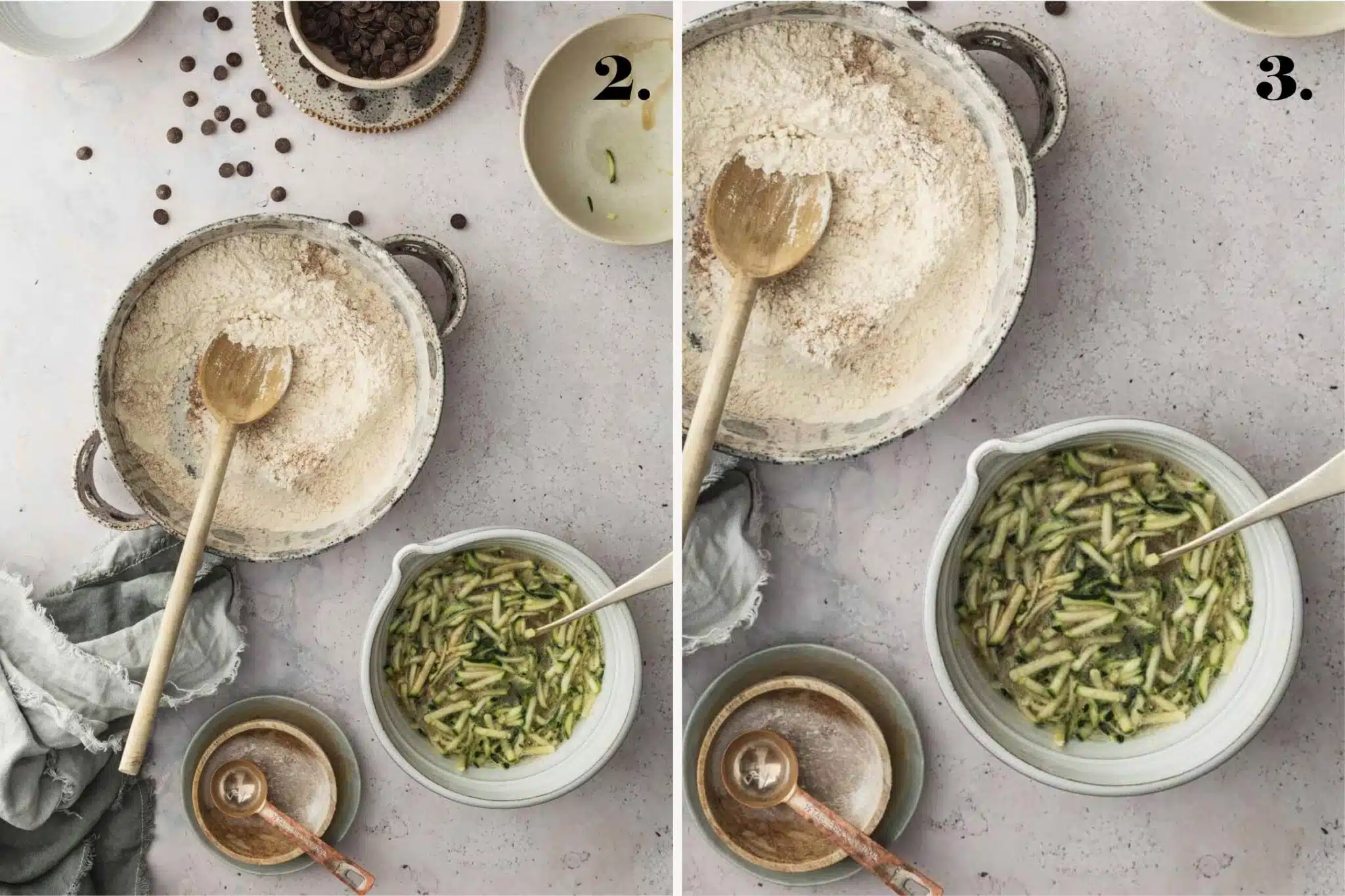 Two side-by-side food images showing zucchini muffin batter ingredients combined.
