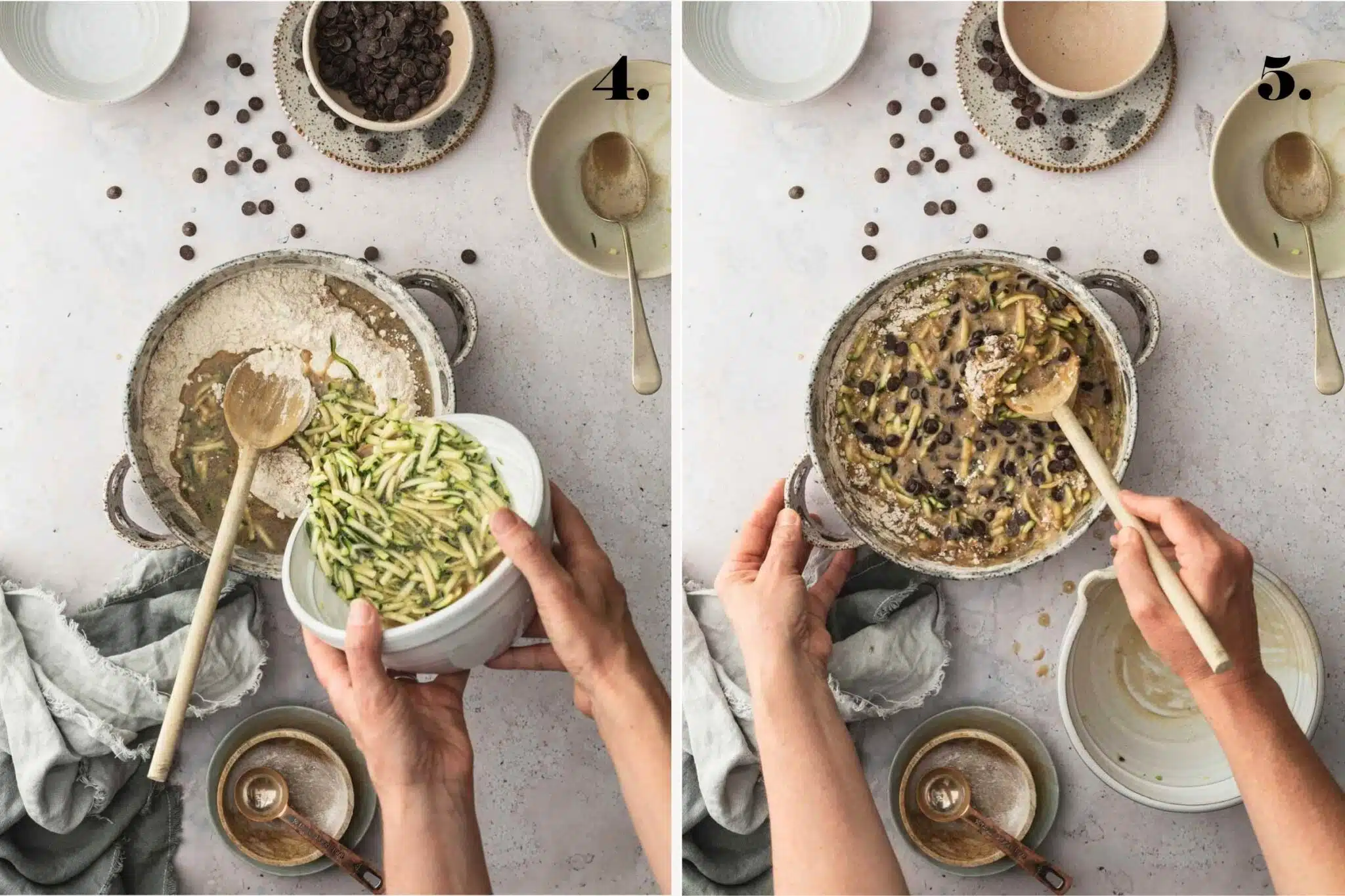 A two-panel step-by-step guide showing grated zucchini being added to flour, followed by chocolate chips being stirred into the vegan zucchini muffin batter.
