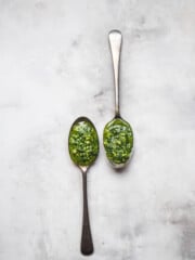Pesto in spoons on a grey background.