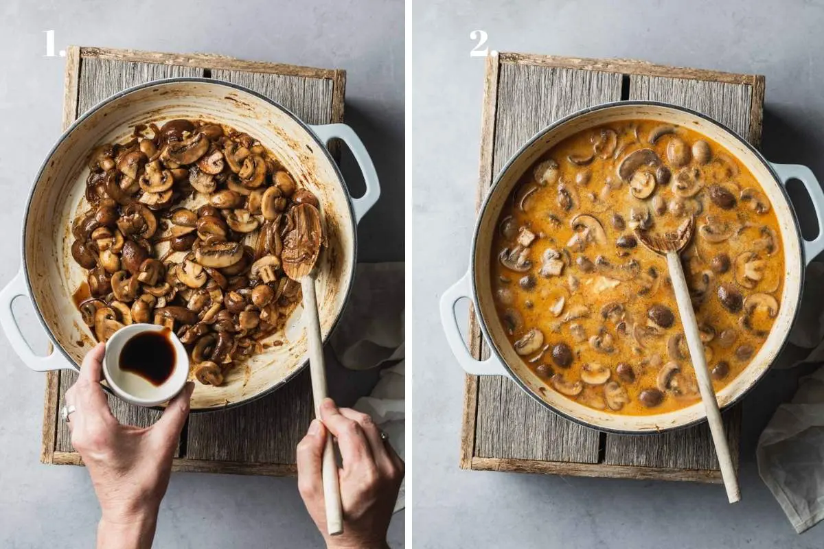 Two food images showing mushrooms cooking in a pot.