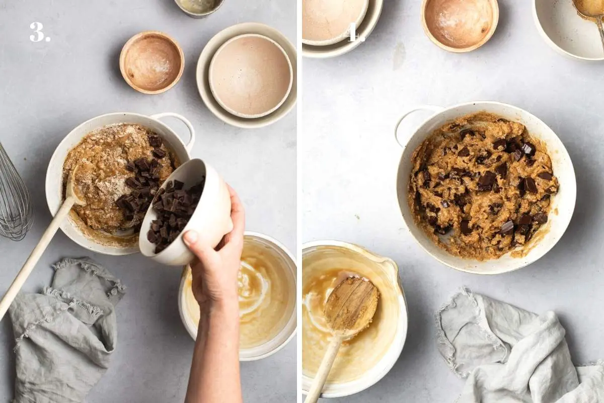 Two food images with chocolate chip cookie dough in bowls.
