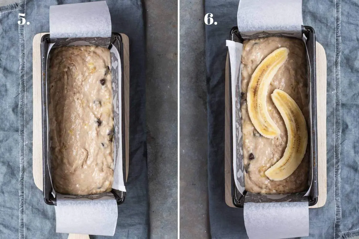 Two food images showing banana bread batter in a bread tin.