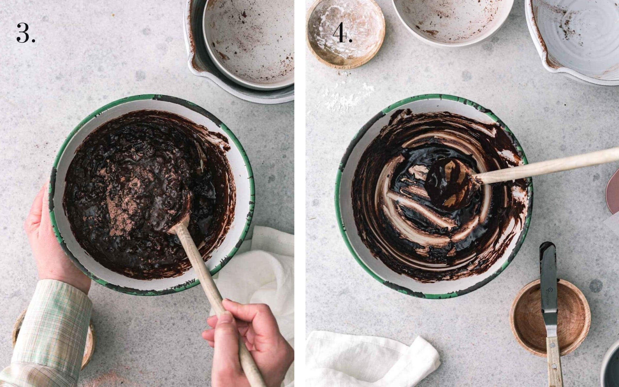 Two food images showing brownie batter being mixed.