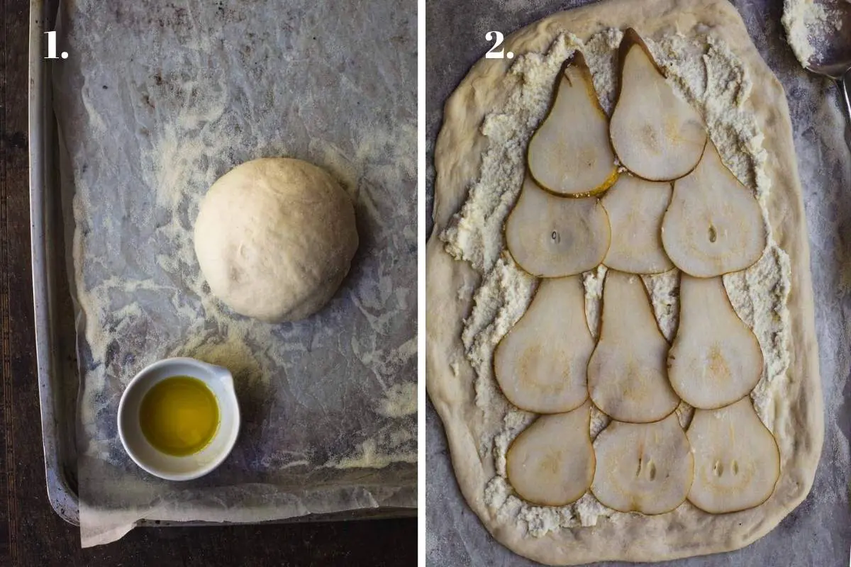 Two food images showing a ball of pizza dough and pizza rolled out.