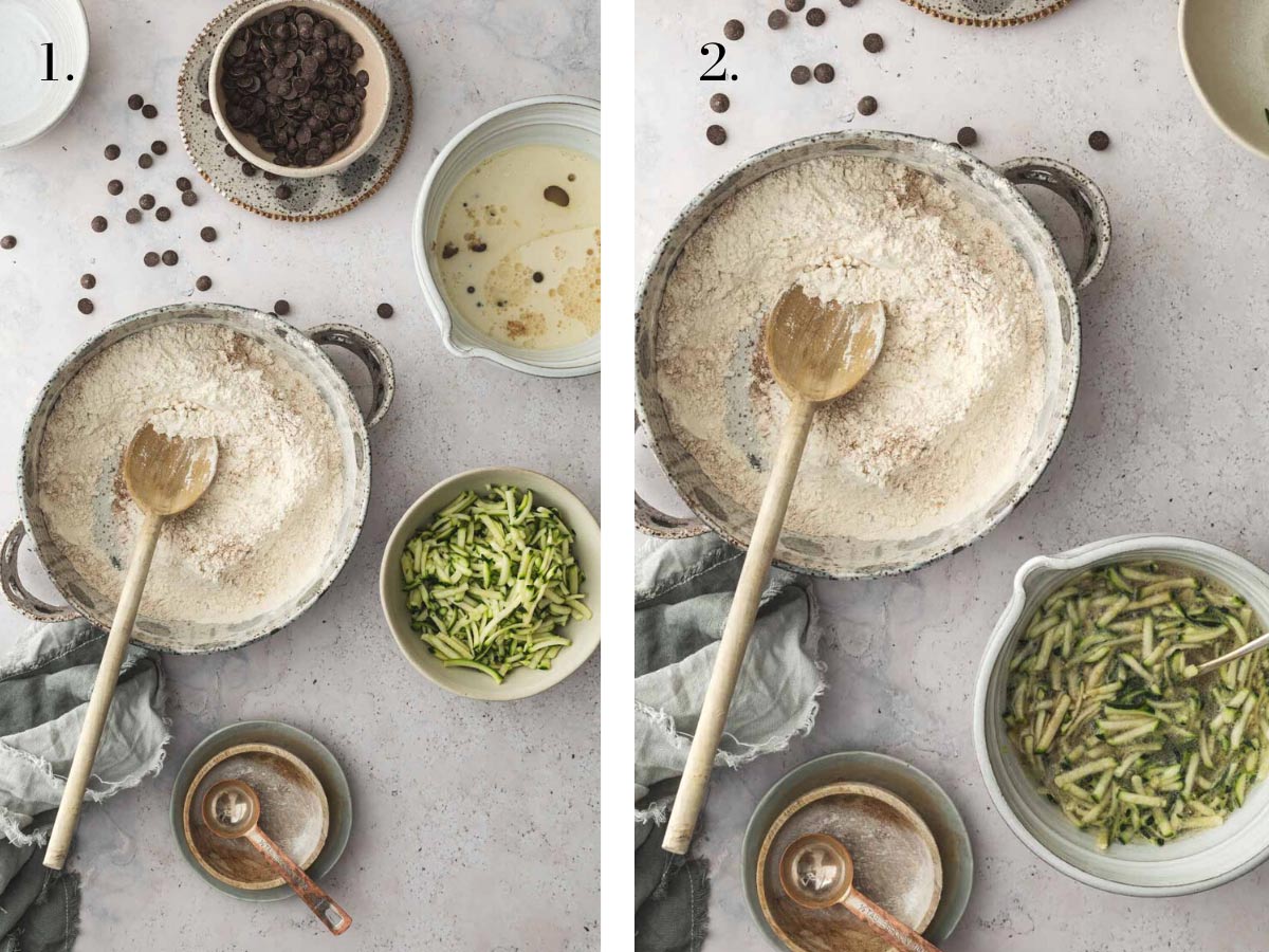 Two food images showing zucchini muffin batter being made.