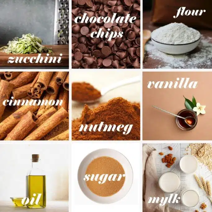 Ingredients for zucchini chocolate chip muffins in a grid with labels.