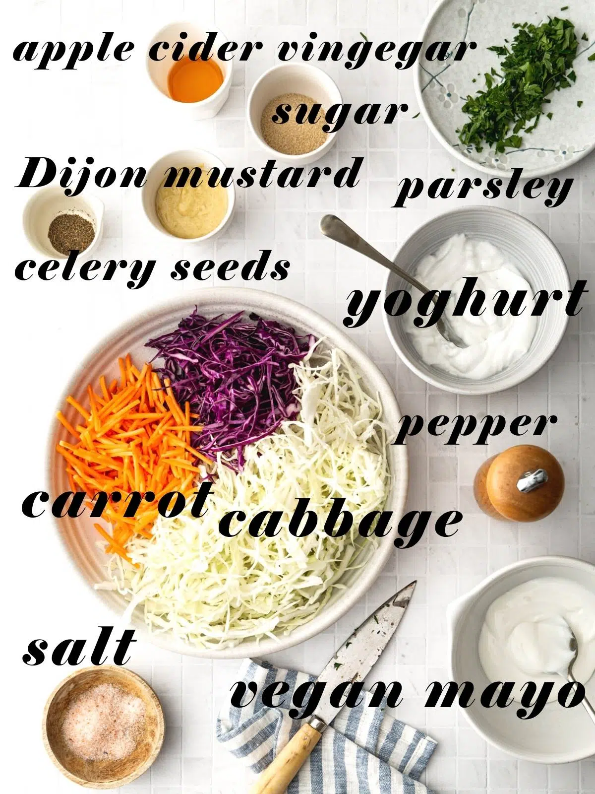 Bowls of ingredients for a vegan coleslaw.