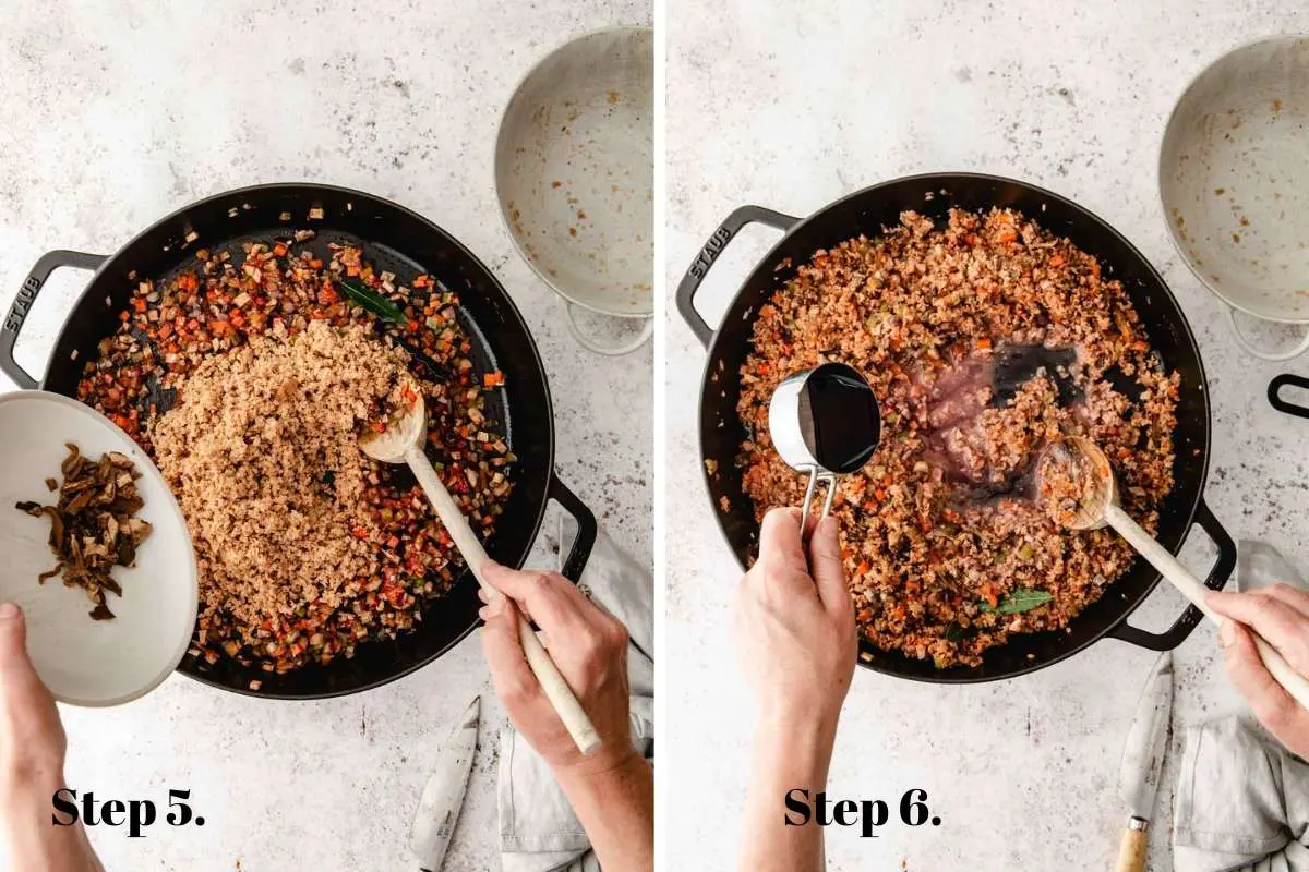 Two food images showing vegan bolognese cooking in a pan.