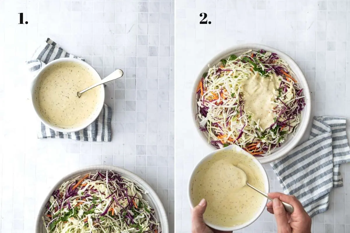 Two food images showing coleslaw being made in a large bowl.