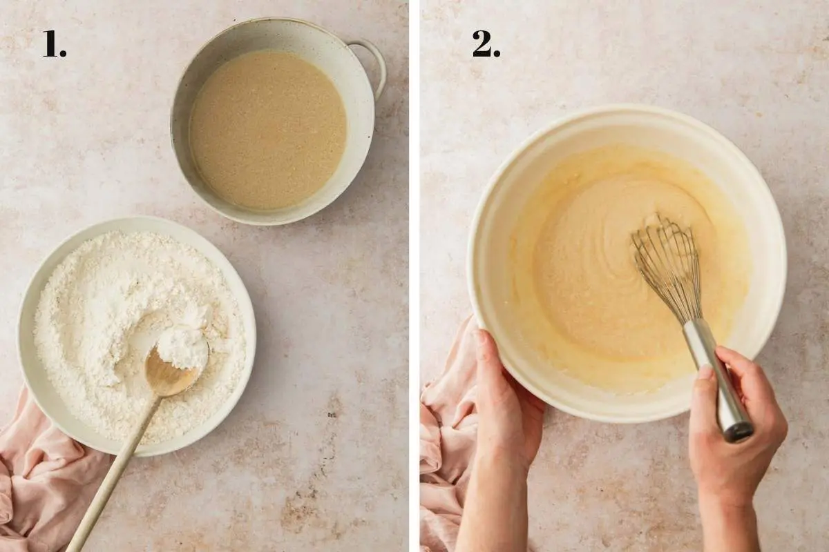 Two food images showing cupcakes ingredients added and the combined in bowls.