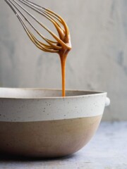 Caramel sauce dripping in to a bowl from a whisk.