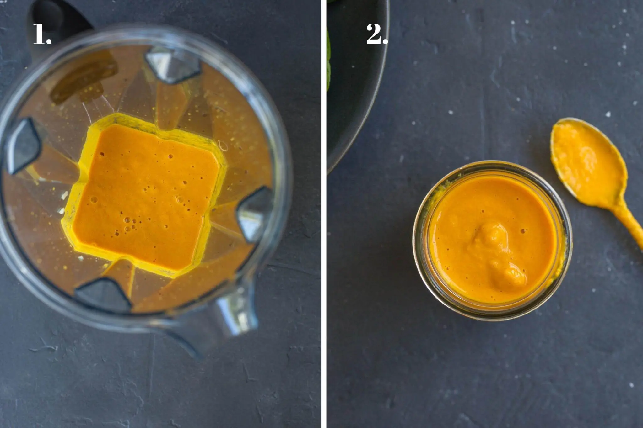 Two food images showing salad dressing made in a blender.