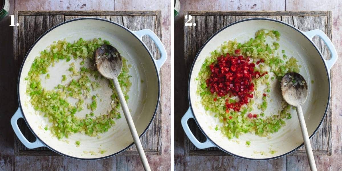 Two food imaging with vegetables cooking in a pot.