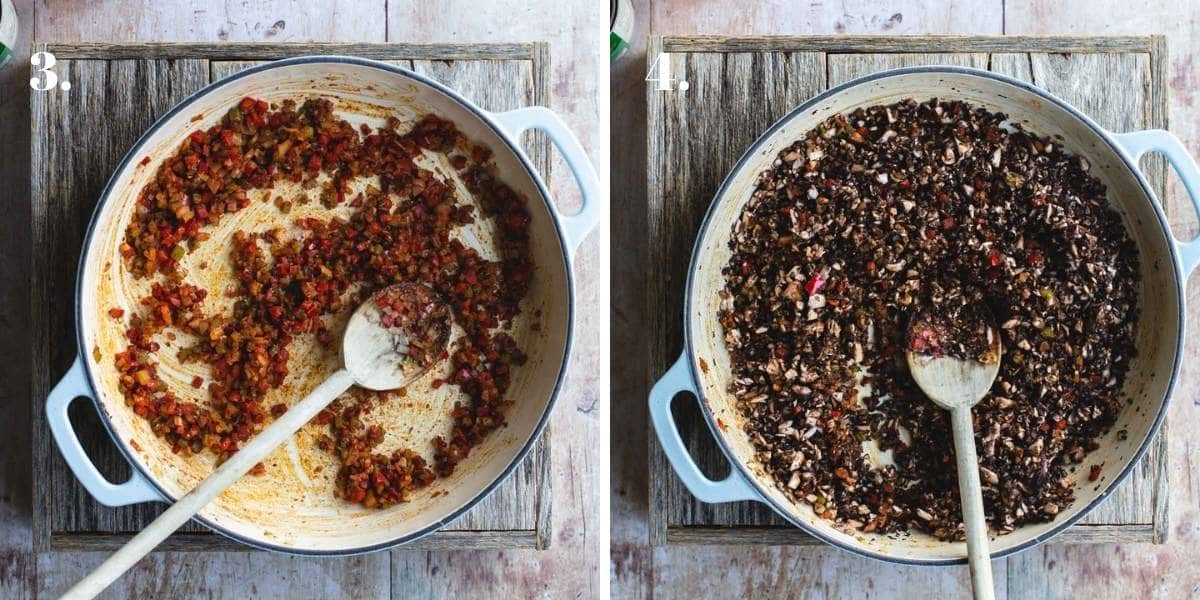 Two images showing mushrooms and beans cooking in a pot.