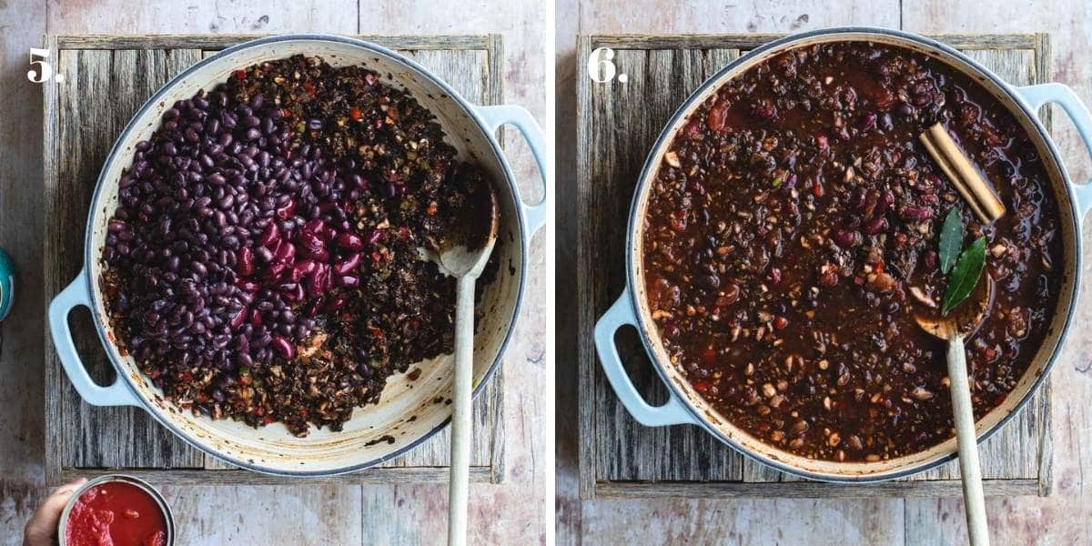 Two images showing chili cooking in a pot. 