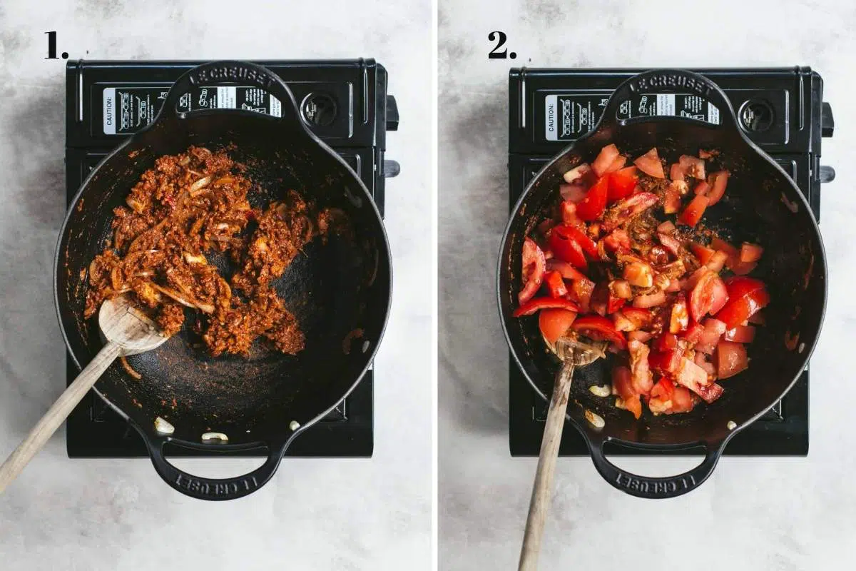 Two food images showing curry paste and tomatoes cooking. 