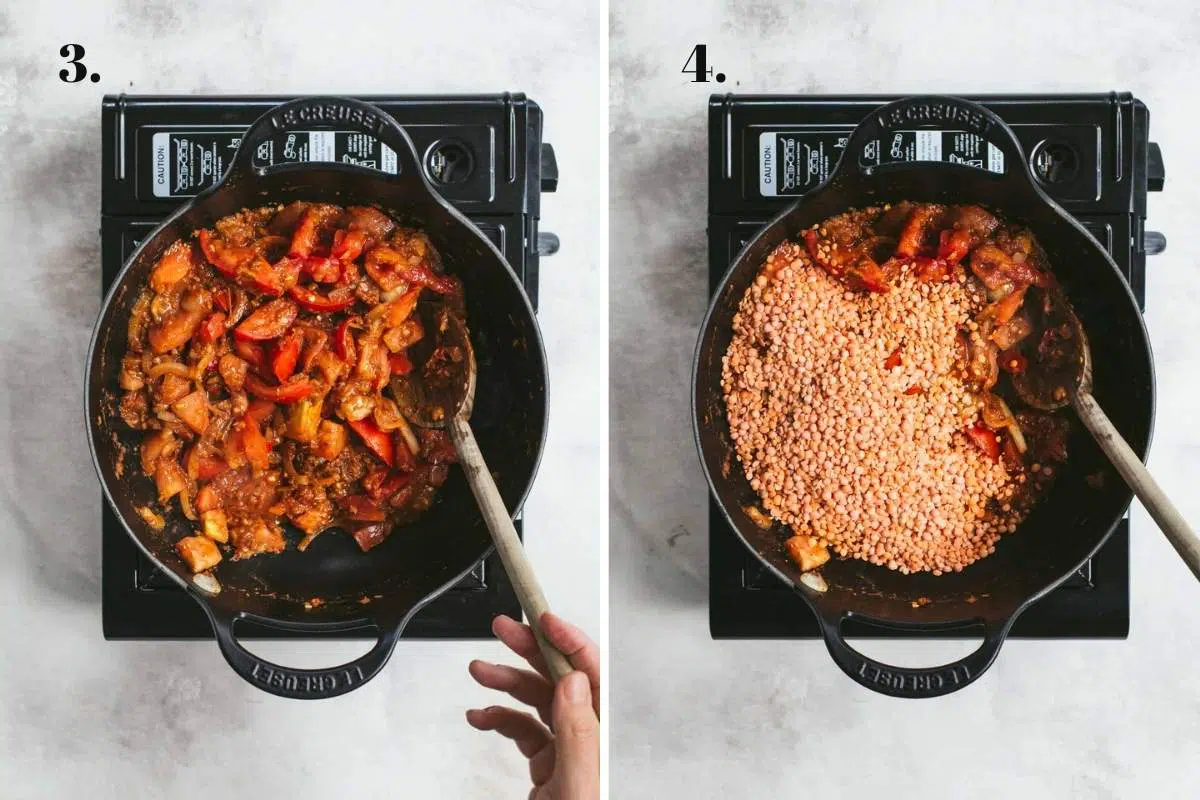 Two food images showing tomatoes cooking and lentils being added. 