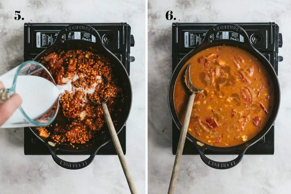 Two food images showing coconut milk added to a lentil curry.