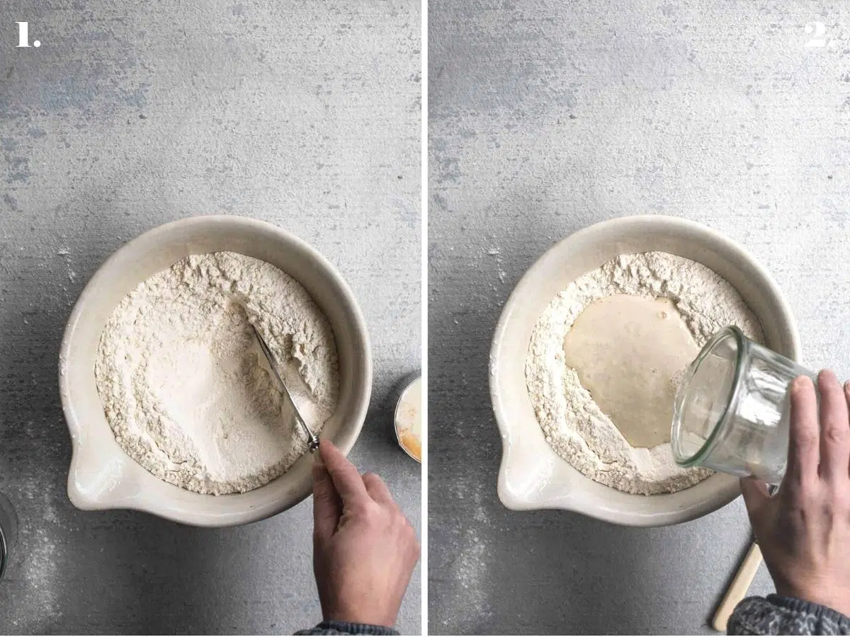 Two food images with flour in a bowl and liquid.