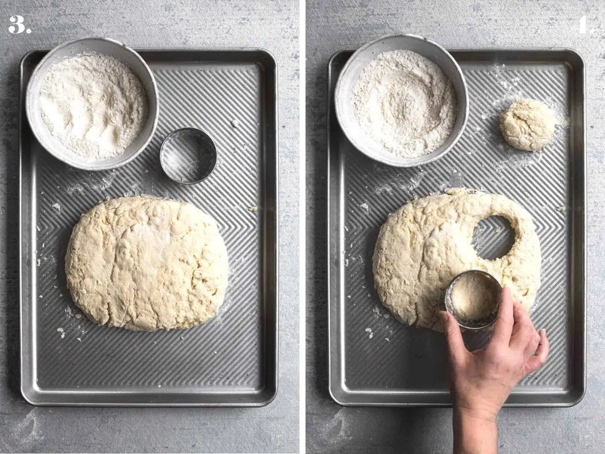 Two food images with flattened dough and dough being cut with cutter.