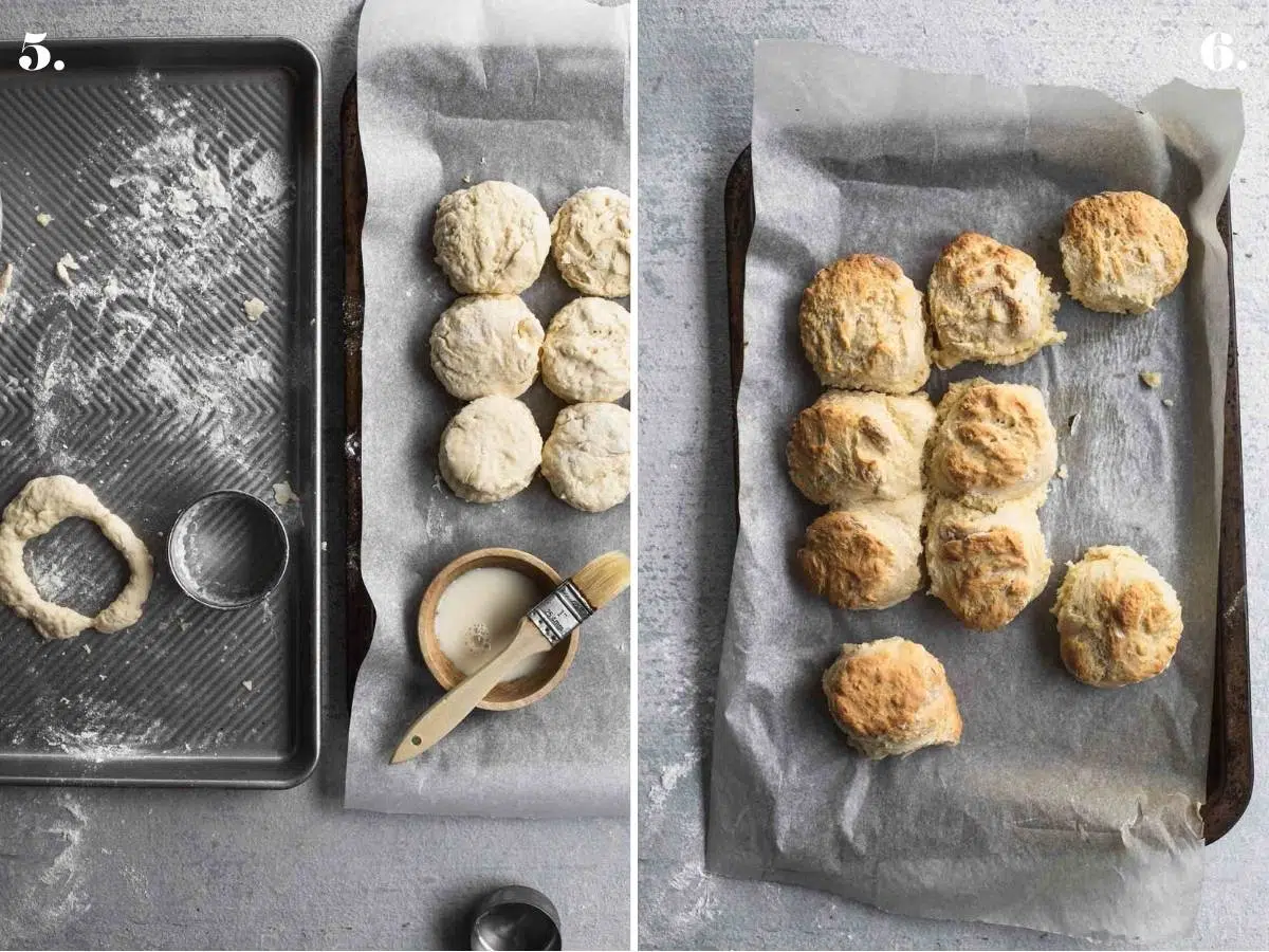 Two food images with scones before and after baking.