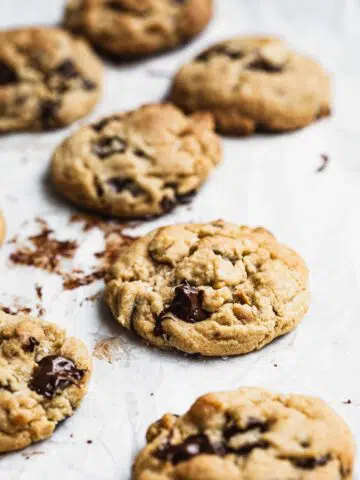 A close up image of chocolate chip cookies.