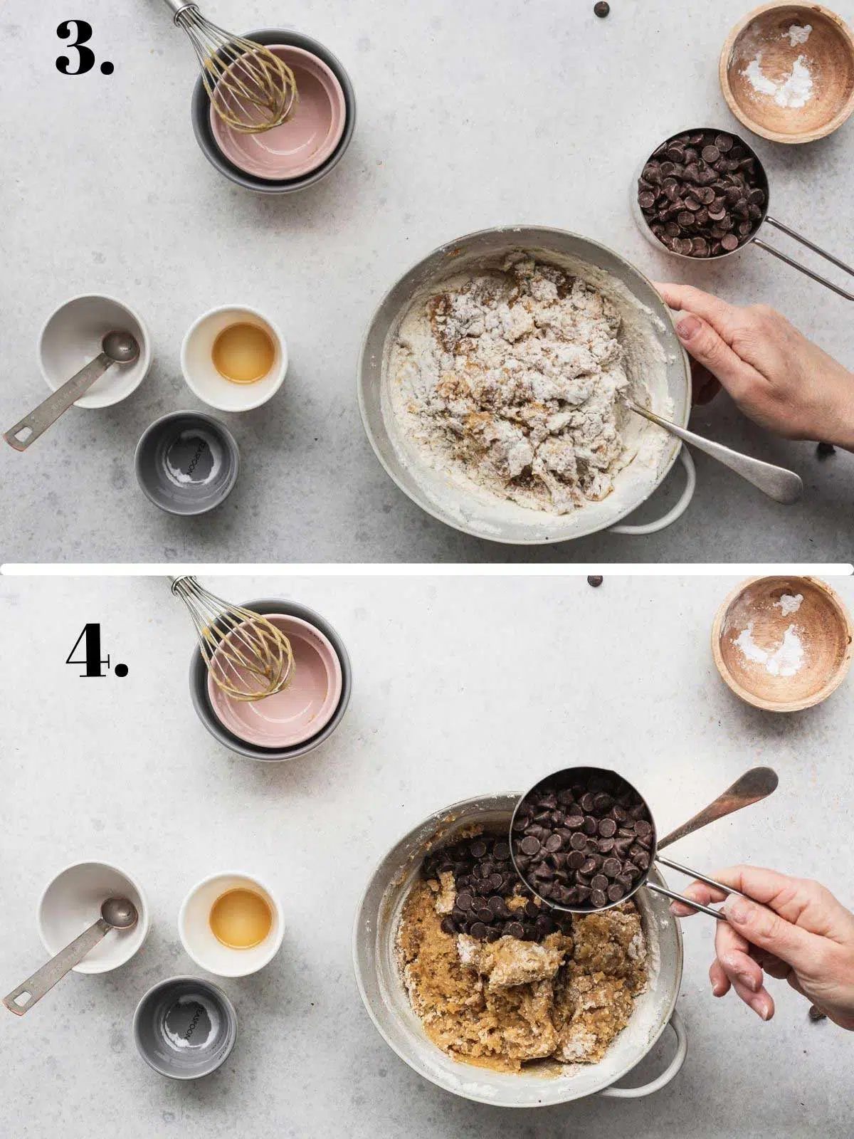 Two images with flour added to cookie dough in a large bowl. 