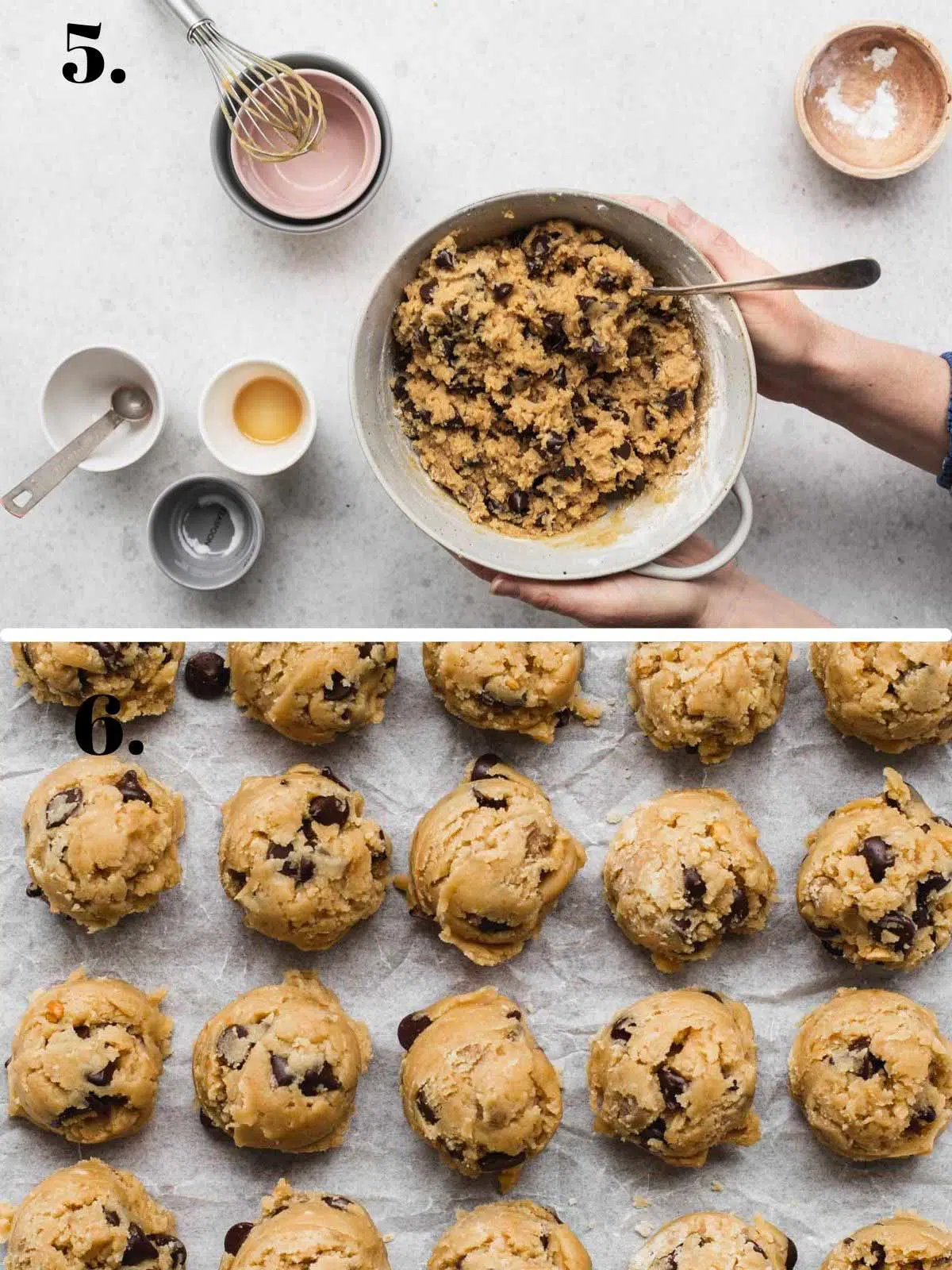 Two images with cookie dough in a bowl and rolled into balls. 
