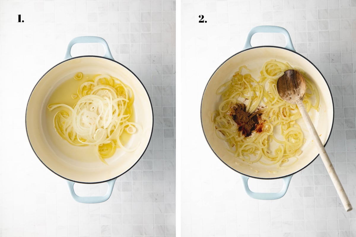 Two food images with onions and spices cooking in a pot.