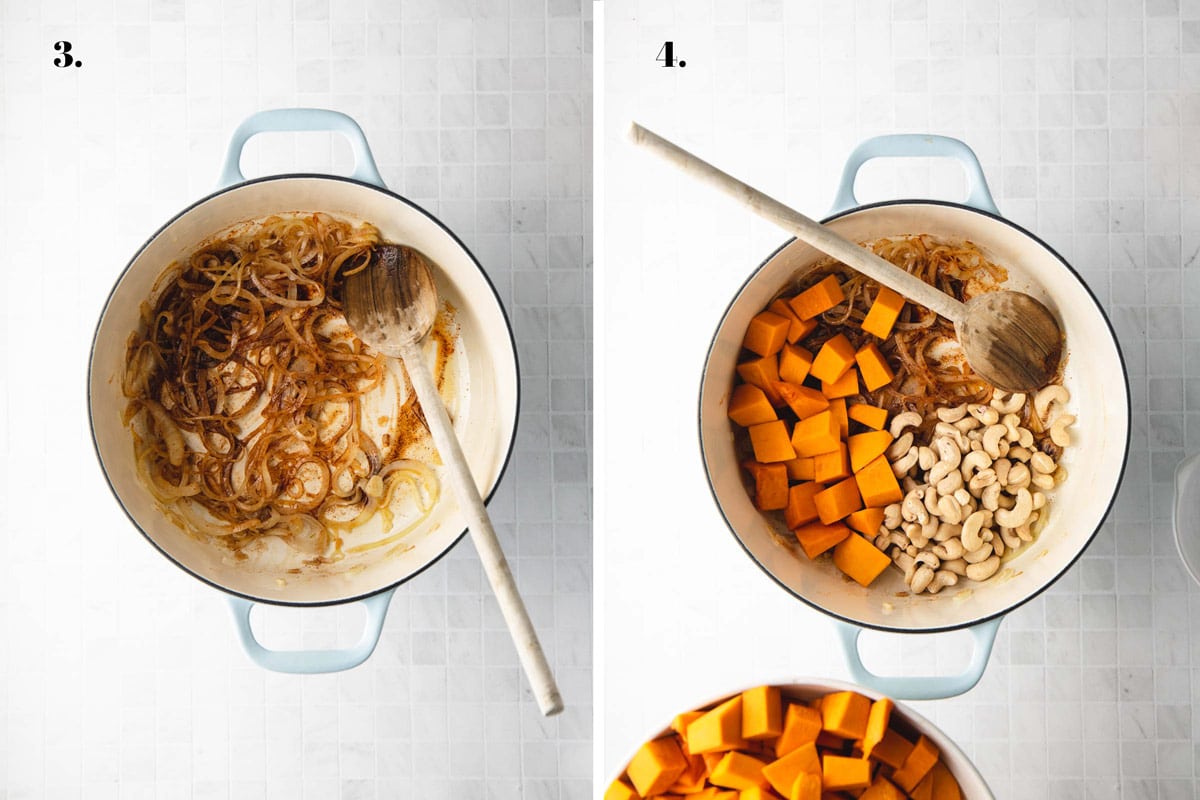 Two food images with pumpkin and cashews in a pot.
